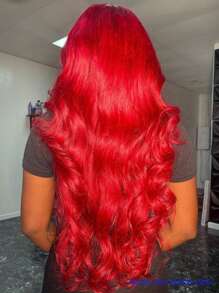 红色 13x4 波浪蕾丝前发假发 透明蕾丝前发假发 人发预拔 150 密度红色假发 酒红色蕾丝前发假发 女士万圣节服装人发假发 - 紅色 - 查看 5