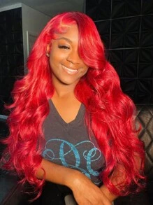 红色 13x4 波浪蕾丝前发假发 透明蕾丝前发假发 人发预拔 150 密度红色假发 酒红色蕾丝前发假发 女士万圣节服装人发假发 - 紅色 - 查看 4