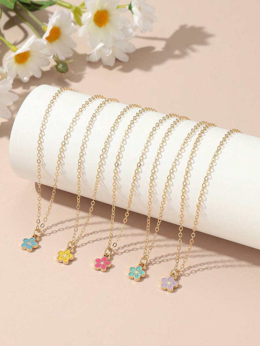 5pcs/Set Kids' Colorful Cherry Blossom Necklace Set, Suitable For Kids Daily Decoration - Multicolor - View 1