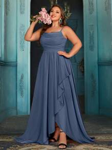 QOQ Simple Daily Summer Women Formal Dress Plus Size Elegant Bridesmaid Gown For Romantic Weddings, Dinner, Wedding Guest, Outdoor Wedding Solid Color Halter Chiffon Bridesmaid Long Dresses - Dusty Blue - View 1