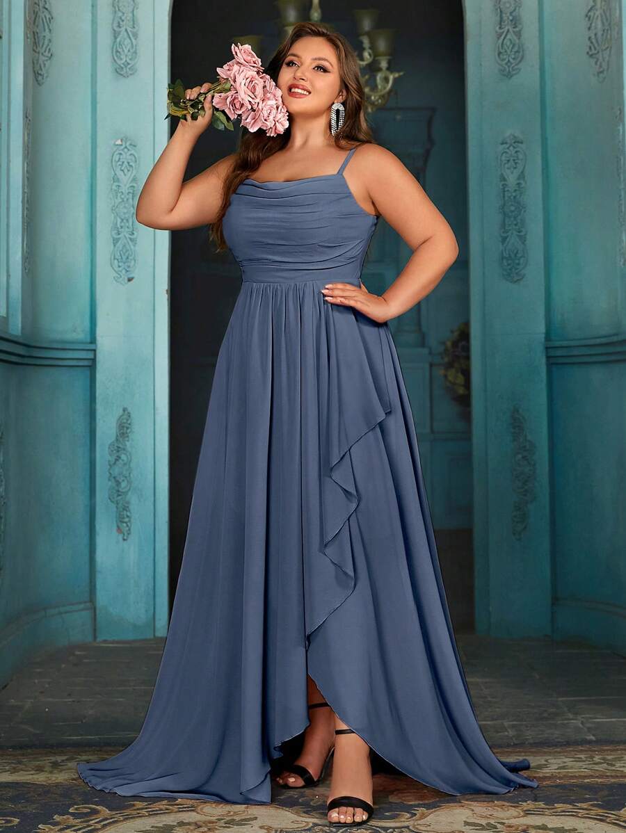 QOQ Simple Daily Summer Women Formal Dress Plus Size Elegant Bridesmaid Gown For Romantic Weddings, Dinner, Wedding Guest, Outdoor Wedding Solid Color Halter Chiffon Bridesmaid Long Dresses - Dusty Blue - View 1