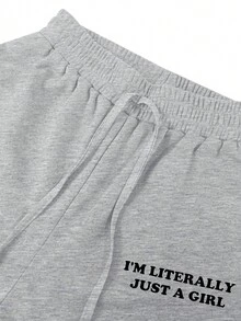 LovelyWholesale Bộ đồ nữ thường ngày gồm áo tay ngắn in chữ và quần ống rộng có dây rút, thích hợp cho mùa thu hè. - Xám - Xem 5