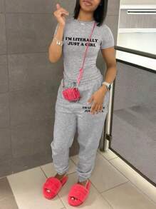 LovelyWholesale Bộ đồ nữ thường ngày gồm áo tay ngắn in chữ và quần ống rộng có dây rút, thích hợp cho mùa thu hè. - Xám - Xem 2