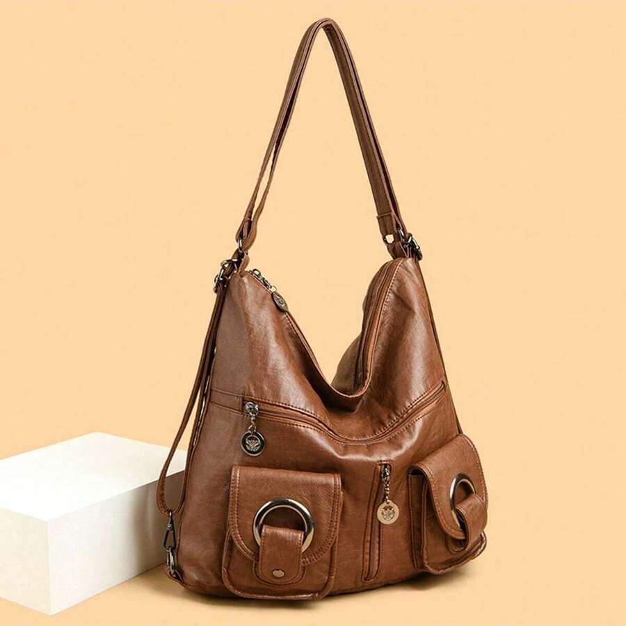 Túi đeo vai/chéo vai thời trang màu trơn cổ điển thường ngày nhiều ngăn thanh lịch có thể chuyển đổi - màu nâu - Xem 1