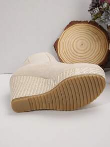 春/秋弹力靴，超高跟编织2025尖头厚底休闲罗纹袜靴，棉质衬里短靴 - 米色 - 查看 4