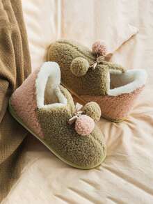 女士高帮保暖拖鞋，全包跟，室内家居厚底情侣冬季毛绒鞋 - 軍綠色 - 查看 2