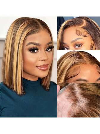 شعر مستعار بقصة بوب من الشعر البشري مع جبهة دانتيل مائلة بلون بني فاتح / رمادي ، شعر مستعار بجبهة دانتيل مستقيم ، شعر مستعار بشري بكثافة 150 ، بدون غراء، شعر بشري مجهز مسبقًا للنساء