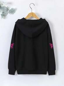 Tween Girl Casual Long Sleeve Zip-Up Butterfly Hooded Sweatshirt, Suitable For Autumn And Winter, Tween Girl Clothing - Black - View 2