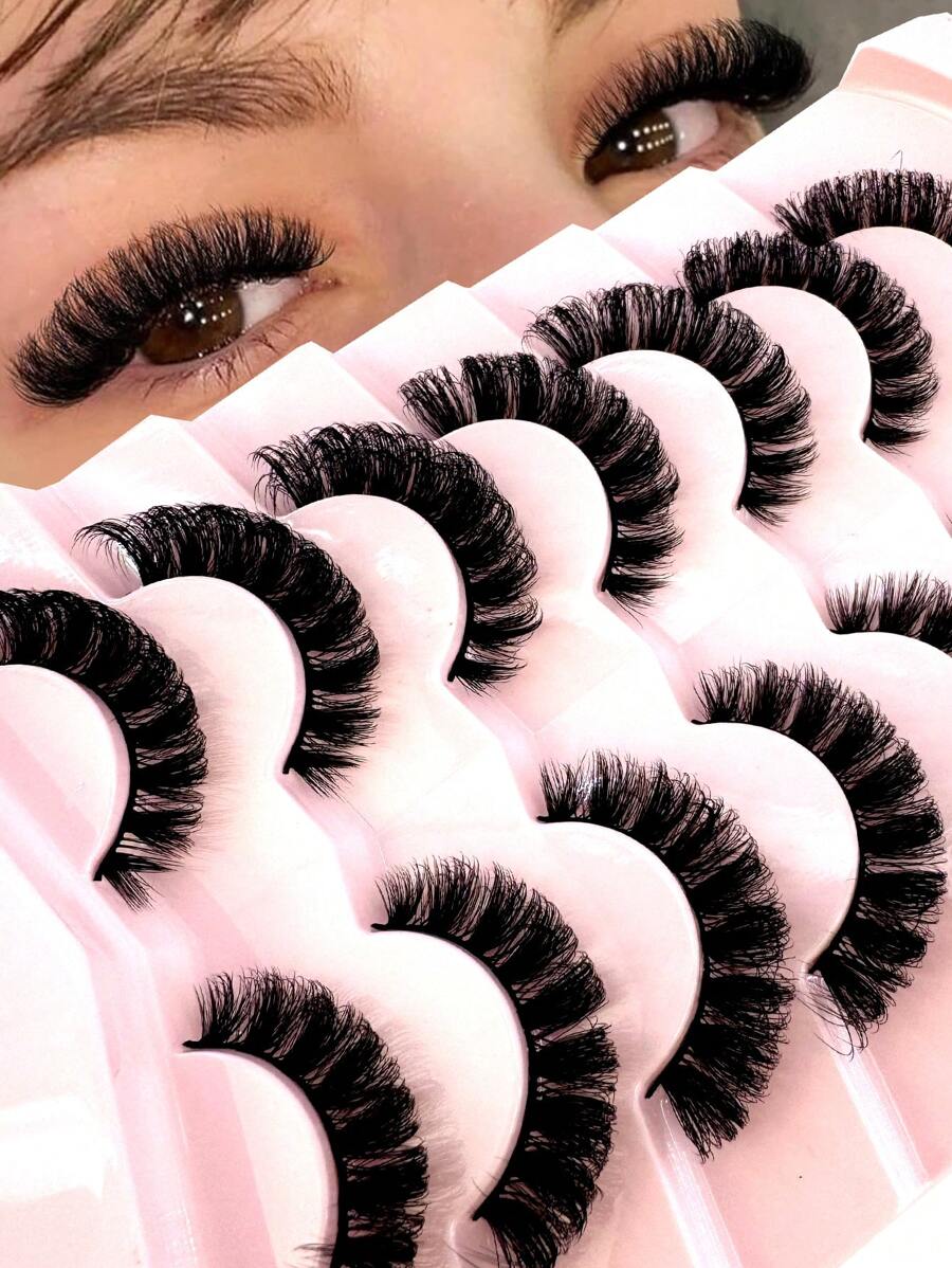 7 Pairs/Pack DD Curl Russian Lashes Voluminous Fake Eyelashes Thick Curly Fluffy Volume False Eyelashes Artificial 3D Mink Lashes Cat-Eye Look Wispy 8D Volume Fake Eyelash Strips Eye Lifting Look Extension Full Eyelash Strip To Lengthen And Volumize The Outer Corner Of Your Eye For Beauty Makeup Strip Lashes, Lashes, Eyelashes, Fake Lashes - Black - View 1