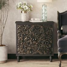 COZAYH Farmhouse 3 Drawer Dresser With Embossed Flower Leaf Motif Front, Distressed Boho Nightstand, Almost Fully Assembled, Rustic, French Country, Weathered White, Natural & White, Black - 門前儲物櫃黑色 - 查看 1