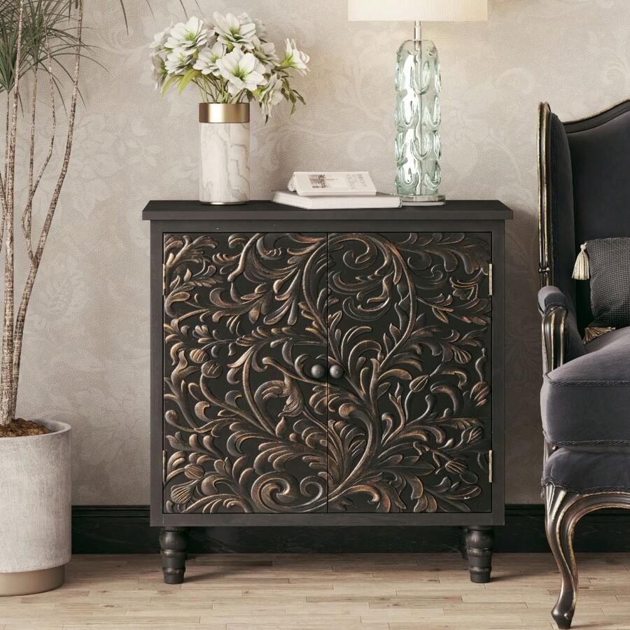 COZAYH Farmhouse 3 Drawer Dresser With Embossed Flower Leaf Motif Front, Distressed Boho Nightstand, Almost Fully Assembled, Rustic, French Country, Weathered White, Natural & White, Black - 門前儲物櫃黑色 - 查看 1