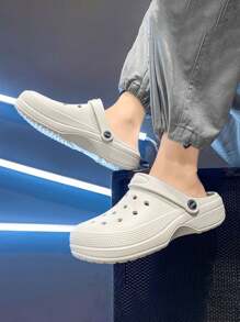Men's Fashion Perforated Slippers, Korean Style Thick Sole Simple Beach Sandals, Casual Non-Slip Breathable Closed Toe Slides