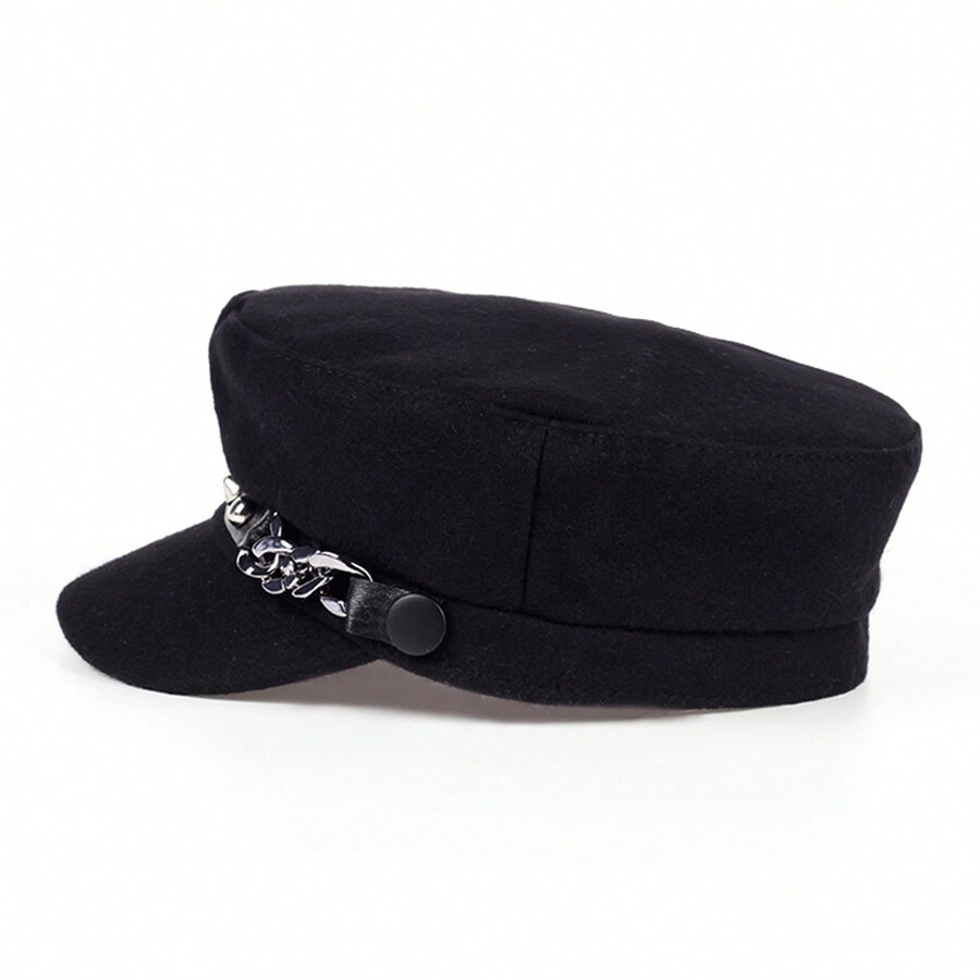 1pc Women Rivet Chain Sailor Cap Beret Hat, Street Chic Casual Flat Top Hat For Outdoor Travel