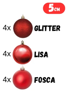 Kit 12 Christmas Balls 5cm Glitter Matte Shiny Christmas Tree Decoration Red Gold Champagne - 紅色 - 查看 3