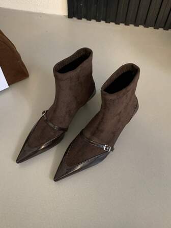 Women's Pointed Toe Suede Insert Leather Buckle Stiletto Heel Ankle Boots, Vintage Design Mid-Heel Short Boots