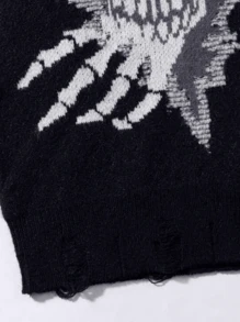 一件男士加大码美国复古品牌骷髅图案设计做旧针织毛衣男士休闲情侣毛衣秋冬万圣节