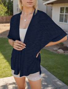 Womens Lightweight Cardigan Short Sleeve Open Front Casual Loose Cover Ups - Navy Blue - View 3