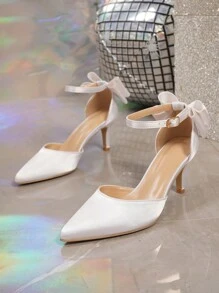 Spring/Autumn White Satin Bow Pointy Toe T-Strap High Heel Shoes For Women Valentines