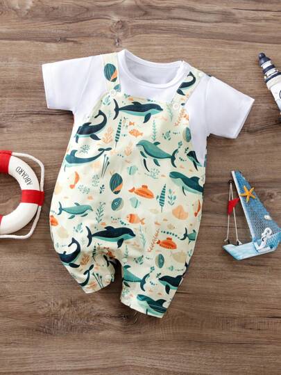 男婴可爱海洋图案鲨鱼和鲸鱼印花婴儿夏季短袖连体衣，面料舒适，易于护理，室内外休闲装