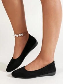 Women Casual Slip-On Flats, Solid Color Suede Comfortable Spring Autumn Work Loafers, Fall Shoes - Black - View 3