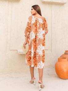 Women's Printed Midi Dress With Pocket Elastic Sleeves Summer Fashion Elegant - Màu Cam cháy - Xem 2
