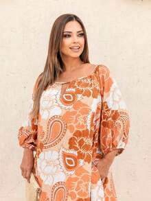 Women's Printed Midi Dress With Pocket Elastic Sleeves Summer Fashion Elegant - Màu Cam cháy - Xem 7