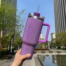 1pc 40oz/1200ml Stainless Steel Rhinestone Tumbler With Handle And Straw Lid - Reusable, Sparkly Gift For Women - Modern Rhinestone Decor Cup With Flat Bottom - Hand Wash Only - Multicolor - View 20