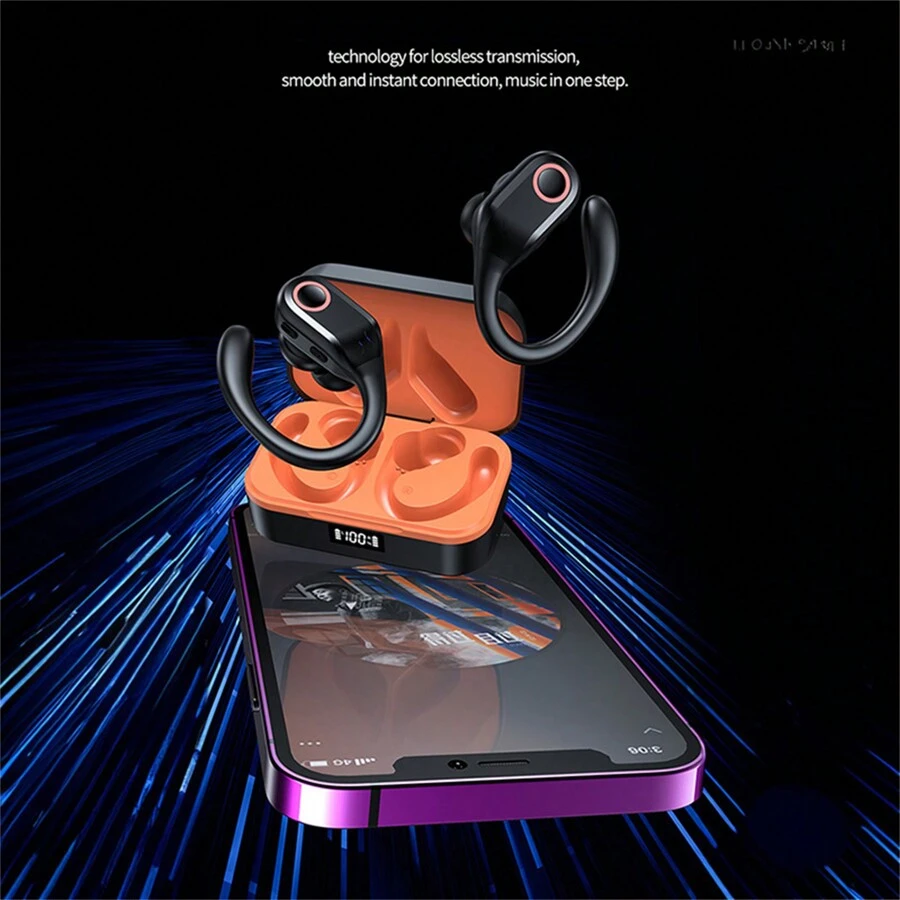 Wireless Earbuds Bluetooth 5.3 Headphones Stereo Bass, ENC Noise Cancelling Mic HD Call, Over Ear Buds With Soft Earhooks For Sports, 48H Playtime LED Display, IP7 Waterproof Earphones For Android IOS - Red - View 1