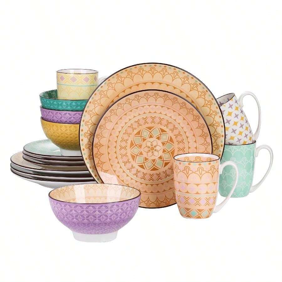 vancasso Juego de vajilla de porcelana de 16 piezas, juego de platos de cerámica multicolor con 4 platos de cena, plato de postre, tazón y juego de tazas. - Mezclar colores - Ver 1
