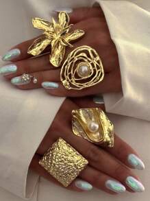 Nocturel 1/4pcs Vintage Fashion Exaggerated Metallic Geometric Wavy Crinkle Faux Pearl Rings, Unique Sweet Punk - Yellow Gold - View 8