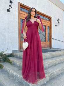 LONG WEDDING PARTY DRESS FOR BRIDESMAIDS GRADUATES IN TULLE WITH SHINE AND BOW ON THE SHOULDER - Gỗ đỏ - Xem 1