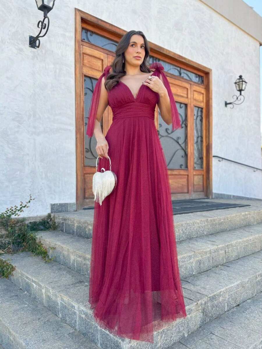 LONG WEDDING PARTY DRESS FOR BRIDESMAIDS GRADUATES IN TULLE WITH SHINE AND BOW ON THE SHOULDER - Gỗ đỏ - Xem 1