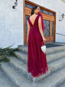 LONG WEDDING PARTY DRESS FOR BRIDESMAIDS GRADUATES IN TULLE WITH SHINE AND BOW ON THE SHOULDER - Gỗ đỏ - Xem 2