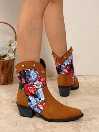 Women's Flower Pattern Chunky Heel Slip-On Pointed Toe Western Boots - Color Blocking Fashion Ankle Boots
