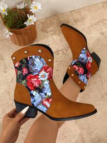 Women's Flower Pattern Chunky Heel Slip-On Pointed Toe Western Boots - Color Blocking Fashion Ankle Boots