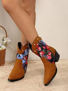 Women's Flower Pattern Chunky Heel Slip-On Pointed Toe Western Boots - Color Blocking Fashion Ankle Boots