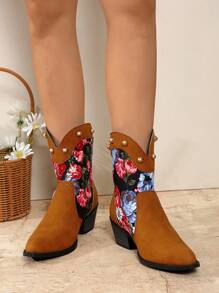 Women's Flower Pattern Chunky Heel Slip-On Pointed Toe Western Boots - Color Blocking Fashion Ankle Boots
