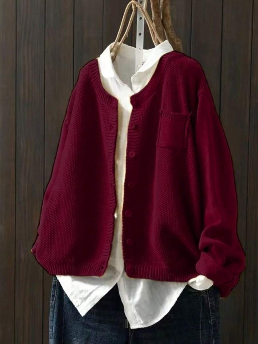 Plus Size Casual Solid Color Crew Neck Long Sleeve Cardigan, Autumn/Winter - Burgundy - View 1