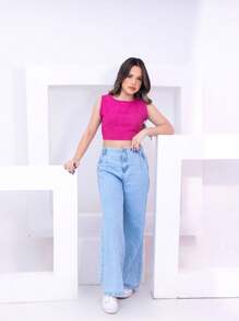 Girls Kids Wide Leg Light Marbled Trousers - Rửa nhẹ - Xem 3