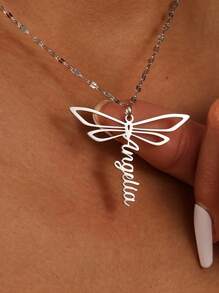 Customized Name Dragonfly Pendant Necklace, Personalized Cute Stainless Steel Insect Shaped Pendant Necklace, Unique Birthday Gift, Halloween & Christmas Gift, Daily Wear Women Jewelry, Halloween Jewelry, Halloween, Christmas Gift - Silver - View 5