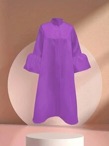 Đầm nữ mùa hè dáng suông, màu trơn, cổ đứng, tay phồng, ngọt ngào, dịu dàng, thanh lịch, dài đến đầu gối, thích hợp cho mùa xuân. - Màu tím - Xem 2