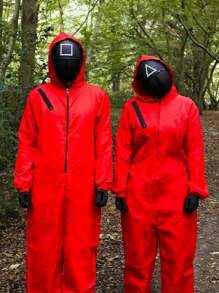 Red Jumpsuit With Hood Costume Squid Guard Game Fancy Dress For Men And Women Korean Costume Halloween TV Show Character Red Jumpsuit With Black Gloves And Circle / Triangle / Square Mask - Costume with Square Mask - View 3