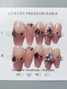 10片装夏日闪耀爱心渐变手工假指甲，泡泡玫瑰假指甲，女士/女孩节日礼物，按压式美甲贴片，美甲用品，手工按压式美甲贴片 - 藕粉色 - 查看 4