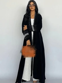 Women's Long Rhinestone Modest Long Sleeve Abaya With Headscarf - Black - View 5