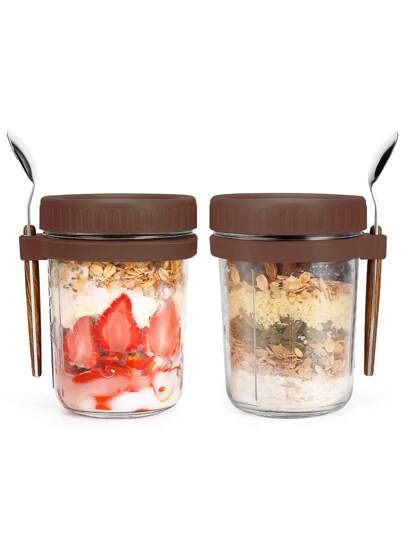 16oz/500ml [1/2 Packs] Overnight Oats Jars With Spoon And Lid , Airtight Oatmeal Container With Measurement Marks, Mason Jars With Lid For Cereal On The Go Container