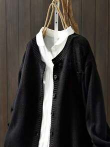 秋冬休闲圆领长袖针织开衫 - 黑色 - 查看 3