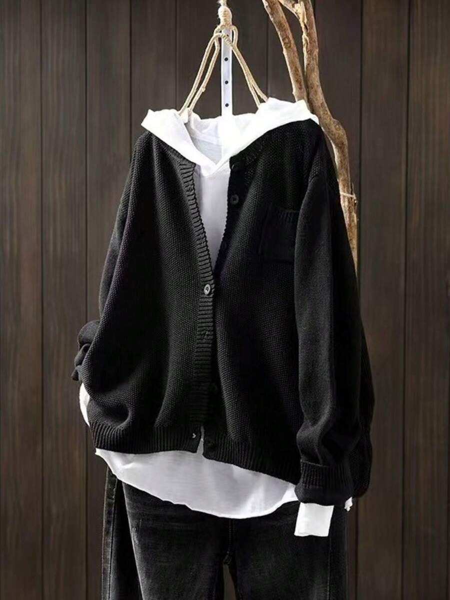 Plus Size Solid Color Front Button Pocket Casual Crew Neck Long Sleeve Cardigan - Black - View 1