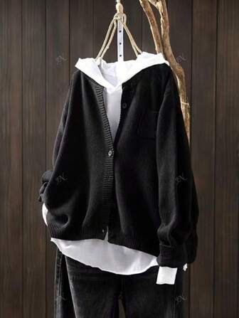 Cardigan casual con scollo a equipaggio, manica lunga, a bottoni sul davanti, con tasche, di taglia grande, colido, da indossare in inverno