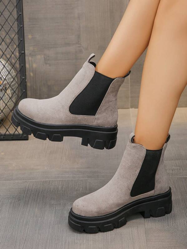 Women's New Platform Chunky Heel Mid-Calf Boots, Solid Color Slip-On Fashion Outside Wear Increasing Height Motorcycle Boots, Comfortable Versatile Round Toe Chelsea Short Boots, Autumn/Winter, British Style