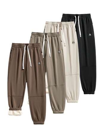 מכנסי רגליים ישרות בצבע אחיד לגברים, מרופד תרמי, עבה, רב תכליתי, קז'ואל, חיצוני, רכיבה על אופניים, ריצה, מכנסי כושר, סתיו/חורף